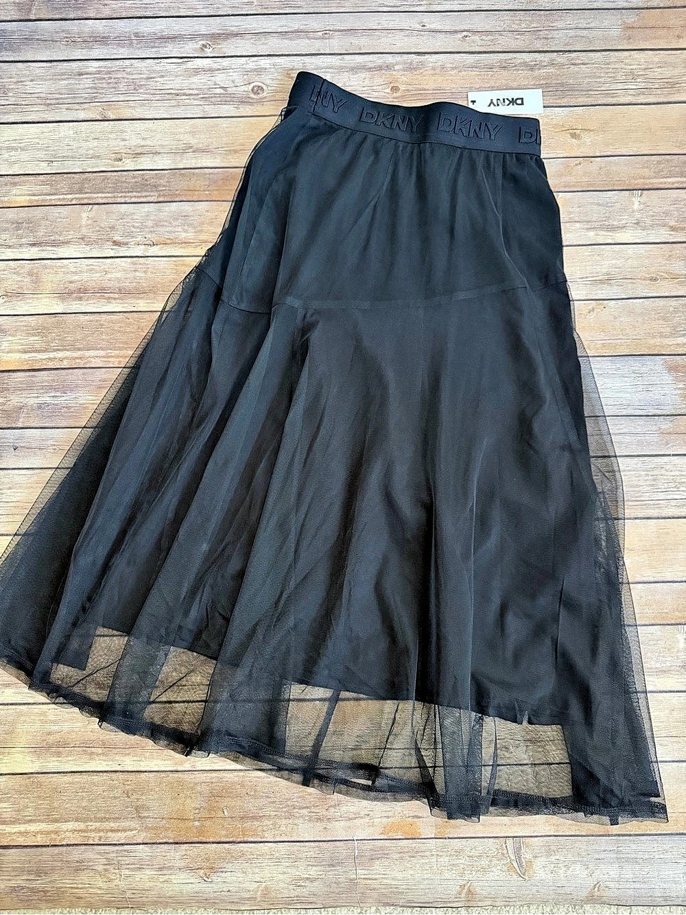 DKNY Women's Layered Mesh Logo-Tape Midi Skirt black size S